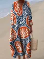 Elegant women's V-neck printed maxi dress featuring a bohemian orange and blue pattern - S / Dresses / Orange and Blue Coral Print (Fig 17)