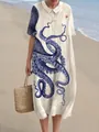 Stijlvolle lange witte zomerjurk met poppenkraag en artistieke blauwe octopusprint - XS / Jurk (Stijl 20) Witte Donkerblauwe Octopus Print