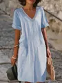Detail of light blue cotton linen V-neck dress featuring lace trim and front pockets - Sky Blue