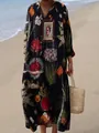 Elegant loose-fit V-neck long maxi dress featuring vintage artistic floral prints. - S / Dresses / Vintage Floral and Portrait Print (Fig 14)