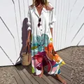 Elegant white pleated maxi dress with vibrant floral print and lapel collar for women - S / Dresses / White Abstract Floral Print