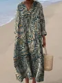 Elegant vintage leaf print V-neck long-sleeved maxi dress for women in blue and beige - S / Dresses / Navy Blue and Beige Leaf Print (Fig 13)