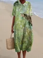 Casual groene maxi-jurk met kattenprint en poppenkraag voor het strand in de zomer - XS / Frisgroene Kattenprint Jurk (Stijl 13)