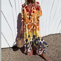 Elegant long-sleeved printed dress with colorful abstract leopard pattern and lapel. - S / Dresses / Multicolor Leopard Print