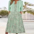 Elegant floral V-neck maxi dress with a light green cropped cardigan set for women. - S / Set / Green Floral