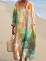 Elegant floral print V-neck maxi dress in soft linen-style fabric - S / Dresses / Abstract Floral Print (Fig 22)