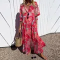 Elegant red floral print maxi dress with long sleeves and collar for women - S / Dresses / Red Floral Print