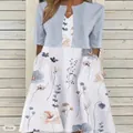 Elegant floral print V-neck maxi dress with a light blue cardigan layer for women - S / Set / Gray Floral