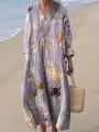 Elegant long-sleeved V-neck dress with cute cartoon cat print for women beach wear - S / Dresses / Light Purple Grey Cat Print (Fig 18)