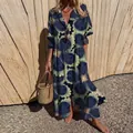 Elegant navy blue floral print maxi dress with lapel collar and long sleeves for women. - S / Dresses / Dark Blue Floral Print
