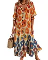 Elegant floral print maxi dress featuring a lapel collar and button-down front detail - S / Dresses / Orange Yellow Blue Floral Print
