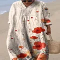 Elegant women's loose V-neck long dress featuring a vibrant red and orange floral print - S / Dresses / Beige Red & Yellow Floral Print (Fig 23)