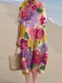 Volledige weergave van casual maxi-jurk met bloemenprint en Peter Pan-kraag op strand - XS / Meerkleurige Abstracte Bloemenjurk (Stijl 8)