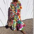 Elegant long maxi dress featuring colorful circular prints and a classic lapel - S / Dresses / Colorful Concentric Circle Print