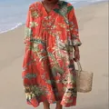 Elegant orange floral print V-neck maxi dress with long sleeves for beach vacations - S / Dresses / Orange Red Tropical Floral Print (Fig 24)