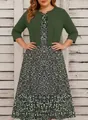 Elegant plus size floral print maxi dress paired with dark green cropped cardigan jacket - S / Set / Dark Green