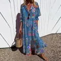 Elegant blue floral print maxi dress with lapel and side slit for women - S / Dresses / Sky Blue Floral