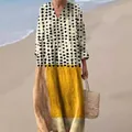 Elegant V-neck long loose maxi dress with polka dot top and yellow patchwork detail - S / Dresses / Off-White Polka Dot & Ginger Yellow Patchwork (Fig 26)