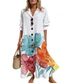 Elegant white long-sleeved midi dress featuring a vibrant floral print and classic lapel collar - S / Dresses / White Painted Floral
