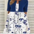 Elegant floral print V-neck maxi dress with 3/4 sleeves in navy blue and white colors - S / Set / Dark Blue Shrug & Dark Blue Floral Print