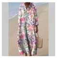 Elegant loose-fit V-neck floral maxi dress with colorful vintage print for women - S / Dresses / Pink Purple Green Orange Abstract Floral (Fig 28)