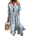Elegant light blue floral printed maxi dress with classic collar and button-down front - S / Dresses / Light Blue Artistic Floral