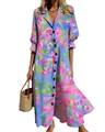 Elegant light blue floral print lapel maxi dress with button-down front design for women - S / Dresses / Blue and Pink Abstract Floral