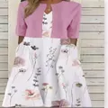 Elegant floral print V-neck maxi dress with pink cropped cardigan for women outfit - S / Set / Pink Brown Floral