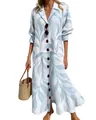 Elegant long-sleeved lapel maxi dress with blue leaf print and button down front - S / Dresses / White with Blue Leaf Print