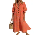 Elegant orange printed long dress with lapel and buttons for women's stylish summer wear - S / Dresses / Orange Yellow Geometric