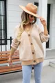 Women's V-neck chevron knit cardigan sweater in tan and white stripes for spring - S / Tops / Khaki