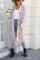 Detailed view of the long knitted cardigan featuring vibrant colorful weave and fringe hem. - S / Tops / Rose Red
