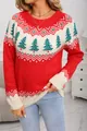 Red and white women's Christmas tree jacquard knitted sweater in a loose casual style - S / Tops / Red