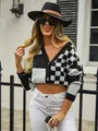 Chic black and white checkered patchwork V-neck knit cardigan sweater for women variant - S / Tops / Black