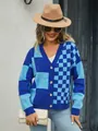 Stylish blue checkered knit cardigan sweater for women in a modern color-block design - S / Tops / Blue