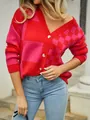 Elegant women's pink and red checkered V-neck knit cardigan with button front detail - S / Tops / Red