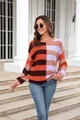 Chic color-block striped crew neck knit sweater for women in warm and cool tones. - S / Tops / Orange