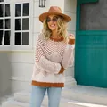Women's round neck knit pullover sweater with orange and white chevron pattern - S / Tops / Brown