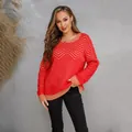 Women's elegant red and tan chevron fuzzy knit sweater with round neck and long sleeves - S / Tops / Vibrant Red