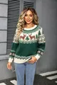 Full front detail of a vintage knit Christmas sweater with reindeer and tree motifs. - S / Tops / Green