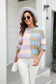 Woman wearing a stylish color-block striped crewneck knit pullover sweater for spring - S / Tops / Khaki