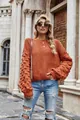 Orange knit pullover sweater with textured bobble sleeves and round neck detail - S / Tops / Orange