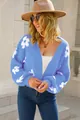 Cárdigan de punto azul cielo con diseño floral y textura suave para mujer, moda otoño - Azul