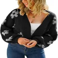 Cárdigan de punto para mujer con motivos florales blancos sobre tejido negro suave - Negro