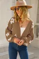 Cárdigan de punto suave marrón con motivos de flores blancas grandes para otoño - Camel