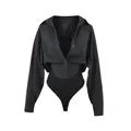 Unique black fake two-piece bodysuit shirt featuring pleated texture and buttons - S / Tops / Black