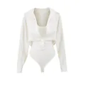 Detail view of white faux two-piece shirt bodysuit with ribbed bottom and collar - S / Tops / White