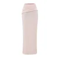 Vue détaillée de cette élégante jupe longue rose à taille haute avec drapé asymétrique - S / Bas / Rose Clair