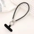Luxury black rhinestone phone wrist strap lanyard with a silver round metal clasp. - Checkered Rhinestone Charm (K5364) / Black