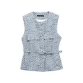 Vue détaillée d'un gilet en tweed bleu avec du fil métallisé et une ceinture assortie - XS / Hauts / Bleu ciel